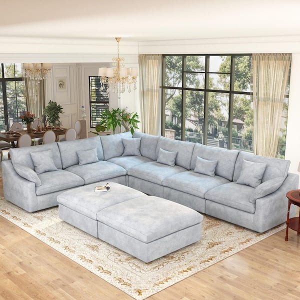 155.9 in. Square Arm 8-Piece Linen U-Shaped Down Feather Modular Free Combination Sectional Sofa with Ottoman in Gray