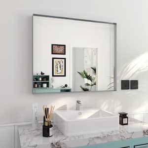 Trea 36 in. W x 30 in. H Large Rectangular Aluminum Beveled Square Angle Framed Wall Bathroom Vanity Mirror in Silver