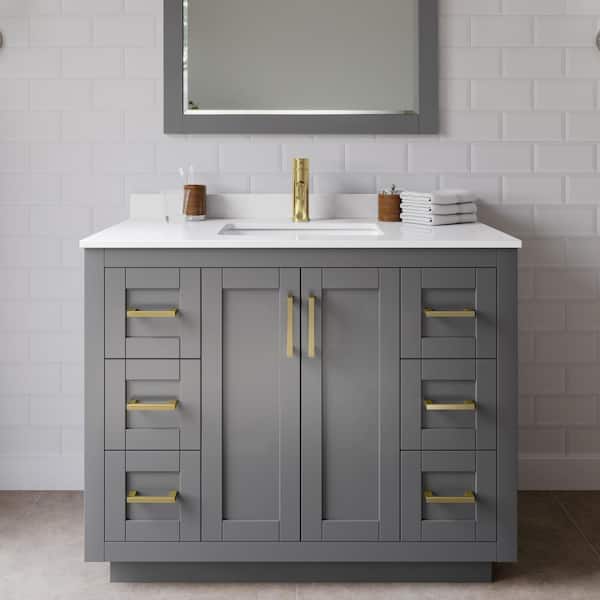 Wyndham Collection Miranda 42 in. W Single Bath Vanity in Dark Gray with Cultured Marble Vanity Top in White with White Basin and Mirror