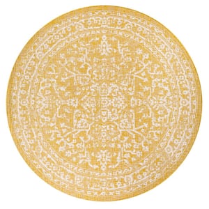 Malta Bohemian Medallion Textured Weave Yellow/Cream 5 ft. Round Indoor/Outdoor Area Rug