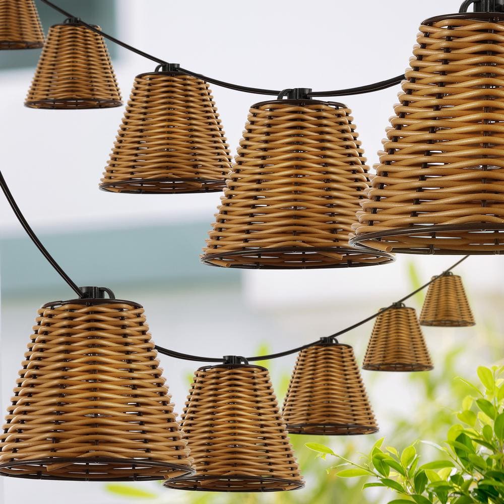 Brown Faux-Rattan Cone Shade Outdoor LED String Lights