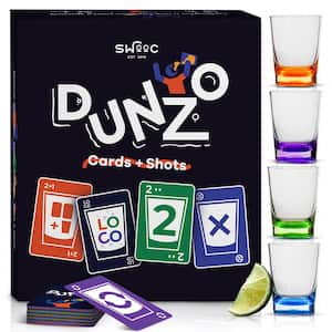 DUNZO - Drinking Version of Classic Card Game with 4 Unbreakable Shot Glasses - Draw 2, Skip, Reverse, Get Loco