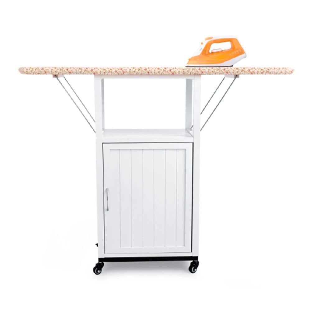 Mobile Ironing Board Cabinet with Wheels, Fold-Out Design, Solid Wood, Heat-Resistant Fabric and Storage Space, White price history on PriceWatchPro