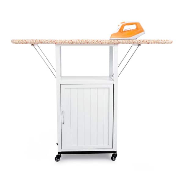 Mobile Ironing Board Cabinet with Wheels, Fold-Out Design, Solid Wood, Heat-Resistant Fabric and Storage Space, White