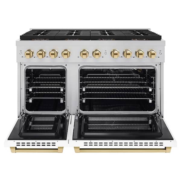 Autograph 48 in. 6.7 cu. ft. Paramount Gas Range with 8 Burners and Dual Ovens with White Matte Doors and Polished Gold