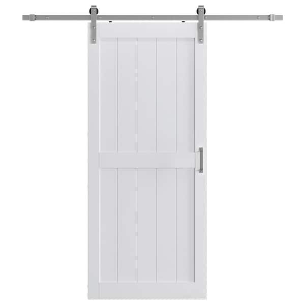42 in. x 96 in. Paneled H shape White Finished MDF Interior Sliding Barn Door with Brushed Nickel Hardware Kit