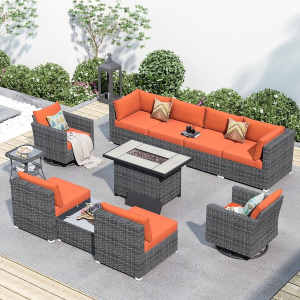 HOOOWOOO Messi Grey 11-Piece Wicker Outdoor Patio FirePit Conversation Sofa Set with Swivel Chairs and Orange Red Cushions