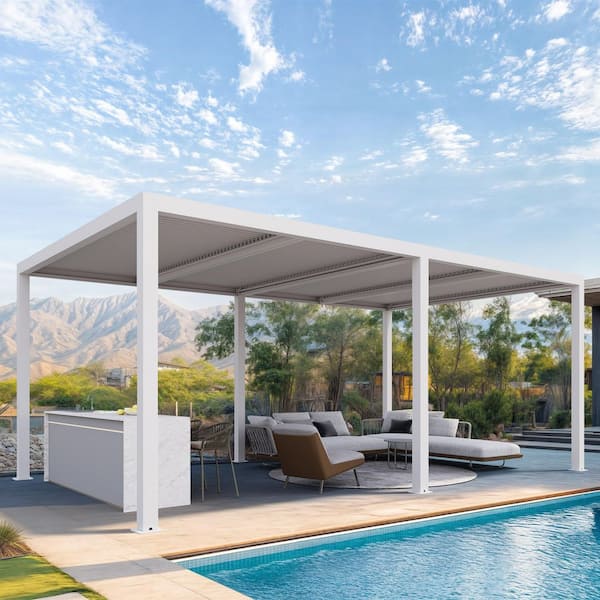 14 ft. x 20 ft. White Aluminum Frame Outdoor Hardtop Louvered Pergola with Adjustable Sunshade Roofs and In-Built Gutter