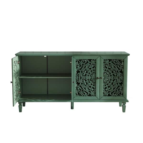 Antique Green 31.5 in. H Accent Cabinet with Floral Carvings, Antique Brass Handles, Adjustable Shelves for Living Room