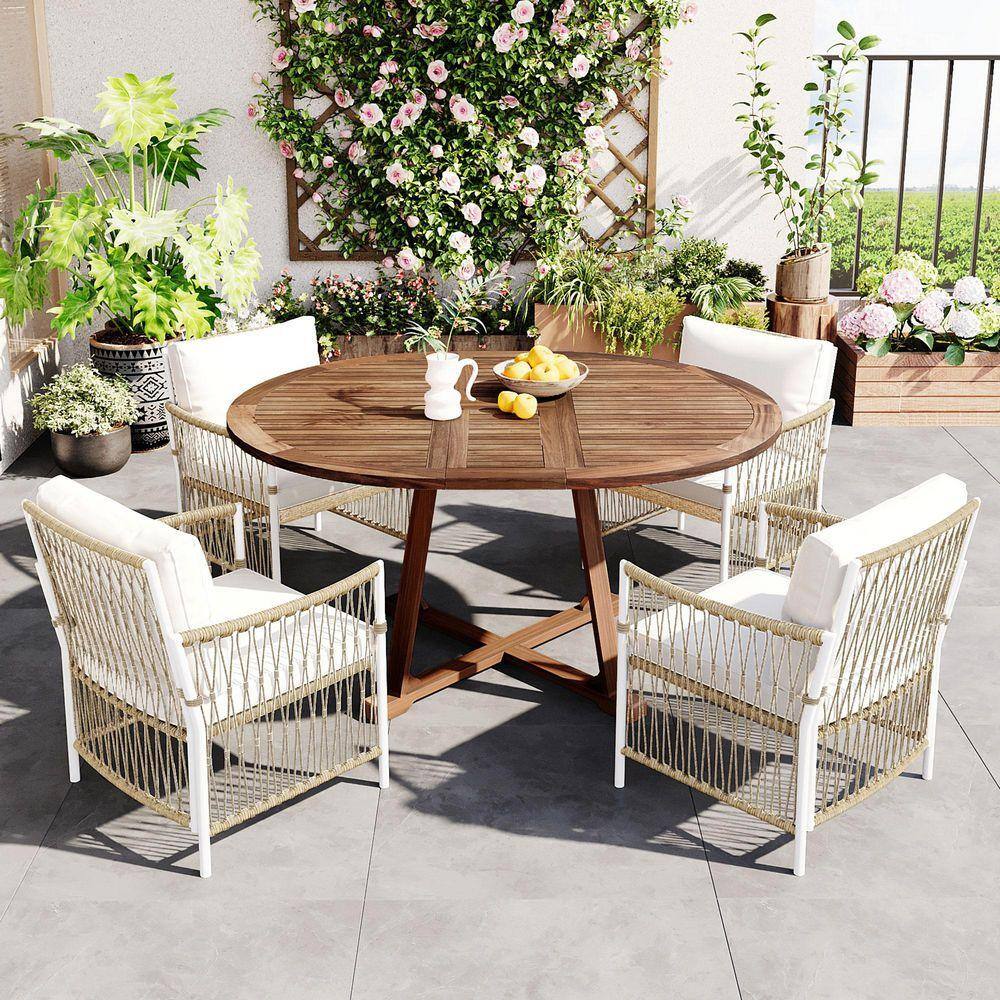 5-Piece Extendable Wood Outdoor Dining Table Set with 4 Rattan Arm Chairs and Beige Cushions for Backyard