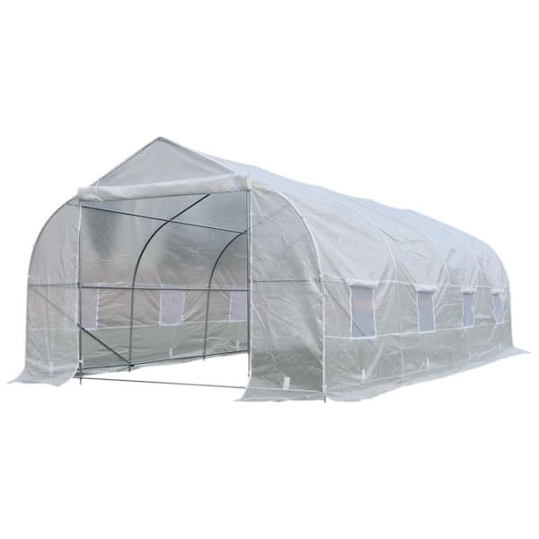 Outsunny 10 ft. x 20 ft. x 7 ft. High Tunnel Walk-In Garden Greenhouse Kit with Plastic Cover and Roll-up Entrance - White
