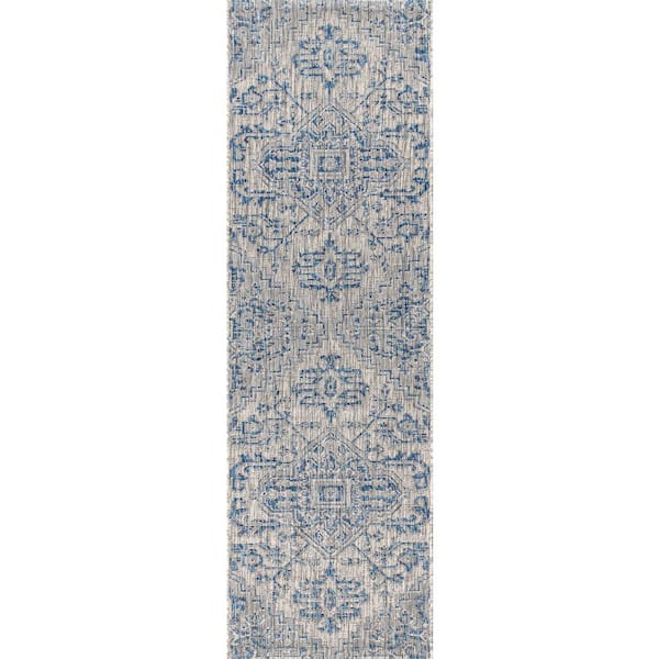 Estrella Navy/Gray 2 ft. x 10 ft. Bohemian Medallion Textured Weave Indoor/Outdoor Runner Rug