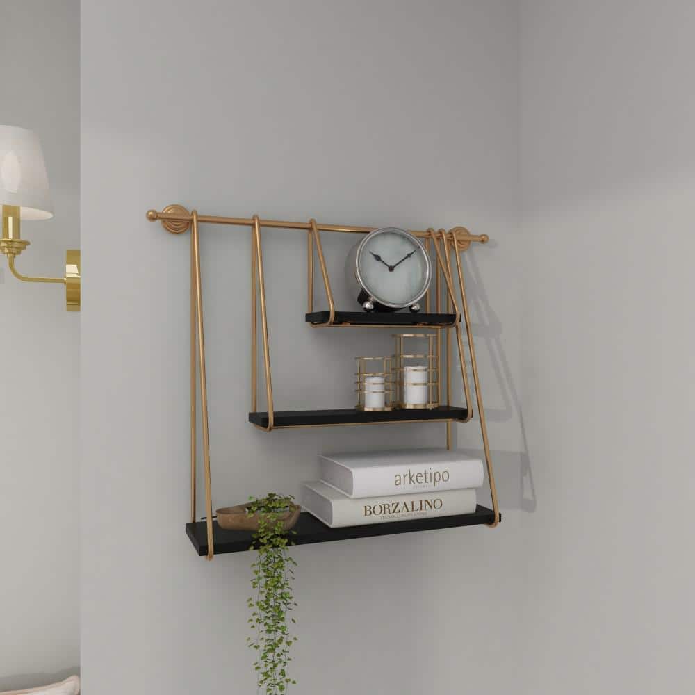 Black and Gold 26" Floating Wood Wall Shelf