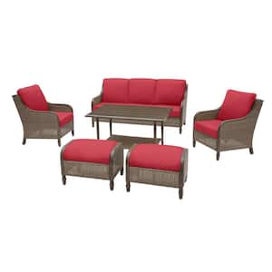Windsor 6-Piece Brown Wicker Outdoor Patio Conversation Seating Set with CushionGuard Chili Red Cushions