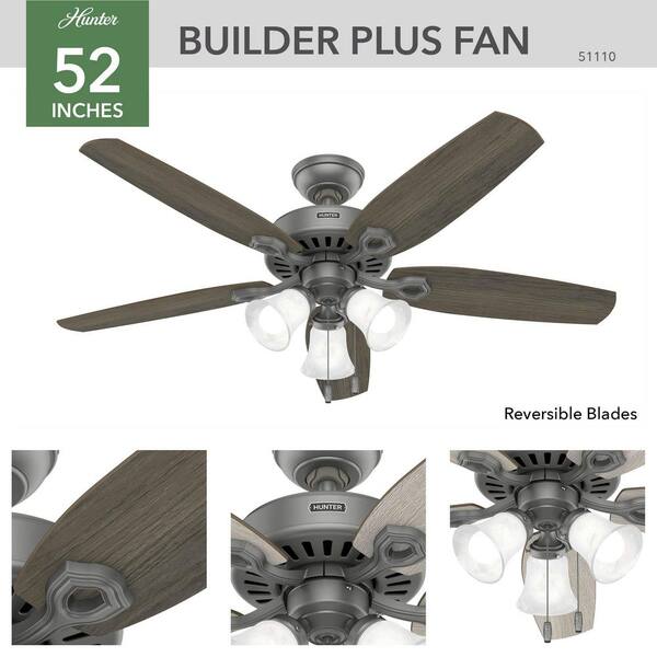 Hunter - Builder 52 in. Indoor Matte Silver Ceiling Fan with Light Kit