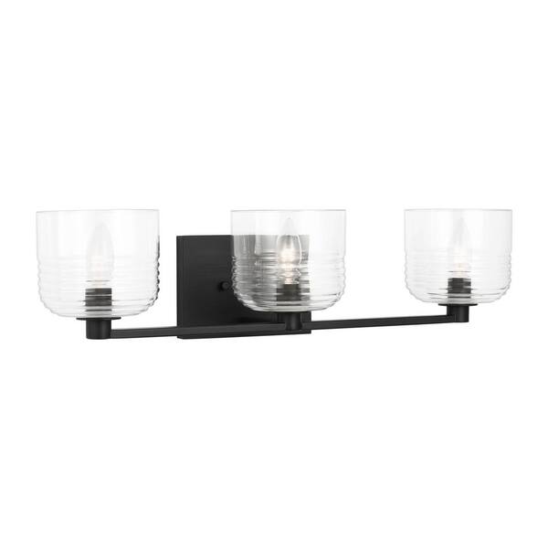 SCOTT LIVING - Lochdale Large 24.25 in. 3-Light Midnight Black Vanity Light with Clear Ribbed Glass Shades