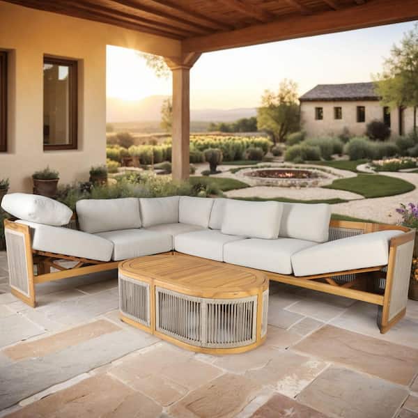 Guzal 5-Piece Acacia Wood Patio Outdoor Sectional Conversation Set with Cream Cushions