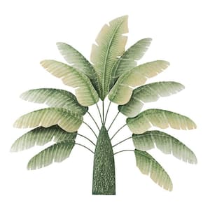 32 in. Metal Green and White Tones Banana Leaf 3D Wall Sculpture