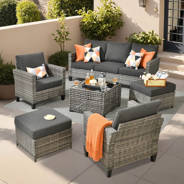 Scarlet 6-Piece Wicker Outdoor Furniture Patio Conversation Sofa Set with a Solar Lighted Table and Black Cushions