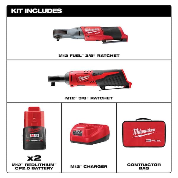 M12 FUEL 12V Lithium-Ion Brushless 3/8 in. Cordless Ratchet Kit with (2) 2. 0Ah Batteries, Charger, Bag & 3/8 Ratchet