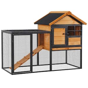 2-Level Rabbit Hutch Bunny House with Weatherproof Asphalt Roof, Removable Tray and Ramp