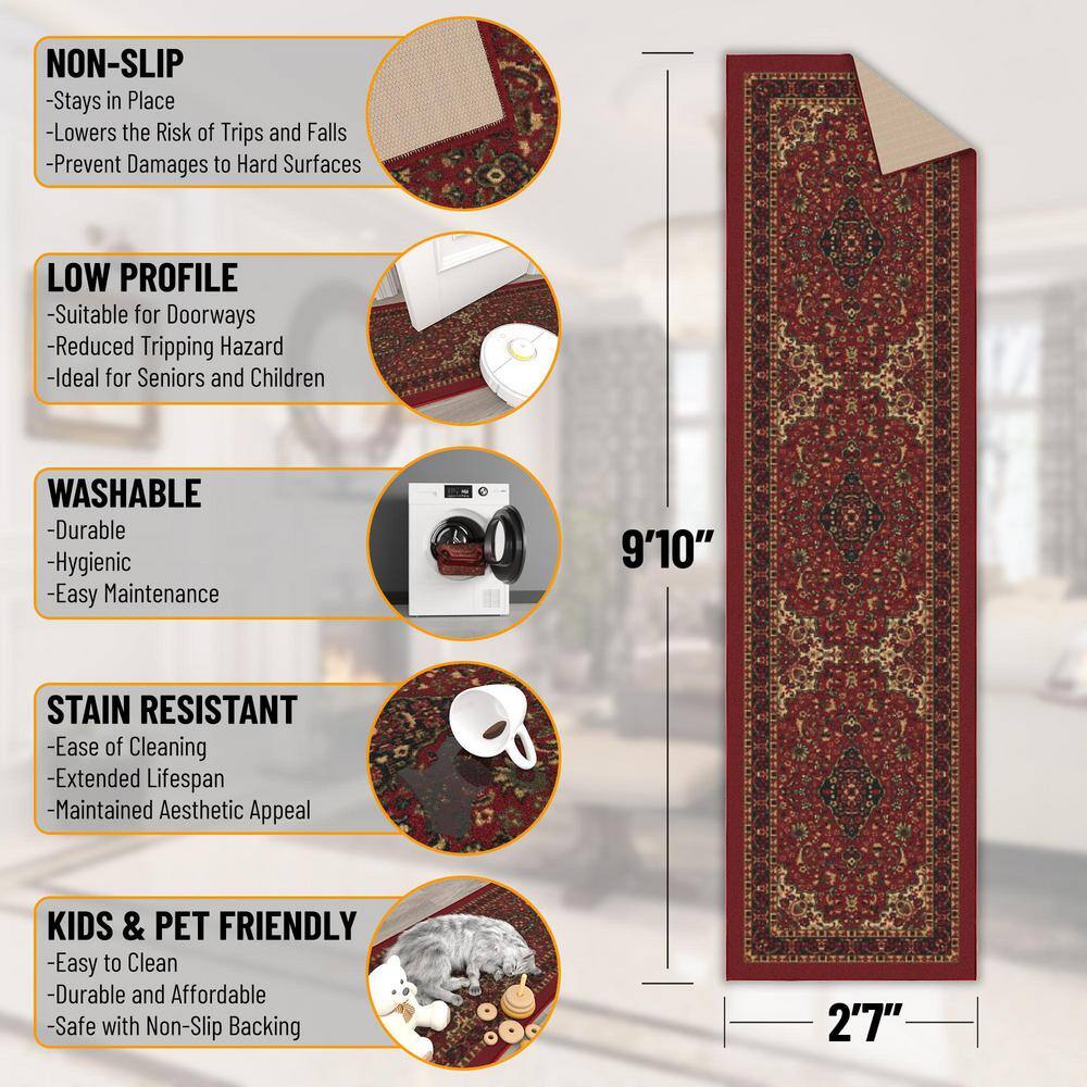 Red Oriental Design Washable Non-Slip Runner Rug