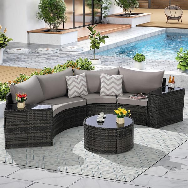7-Pieces Metal Outdoor Half-Moon Sectional Round Patio Furniture Set Sofa with Light Gray Cushions