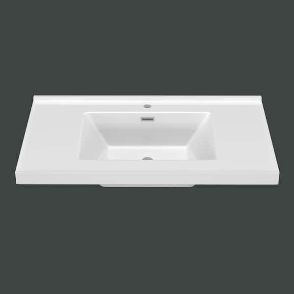 36 in. W x 22 in. D Solid Surface White Rectangular Single Sink Bathroom Vanity Top for 36 in. Bathroom Cabinet