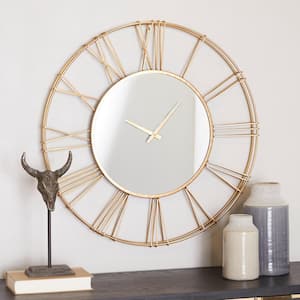 Gold Metal Open Frame Analog Wall Clock with Center Mirror