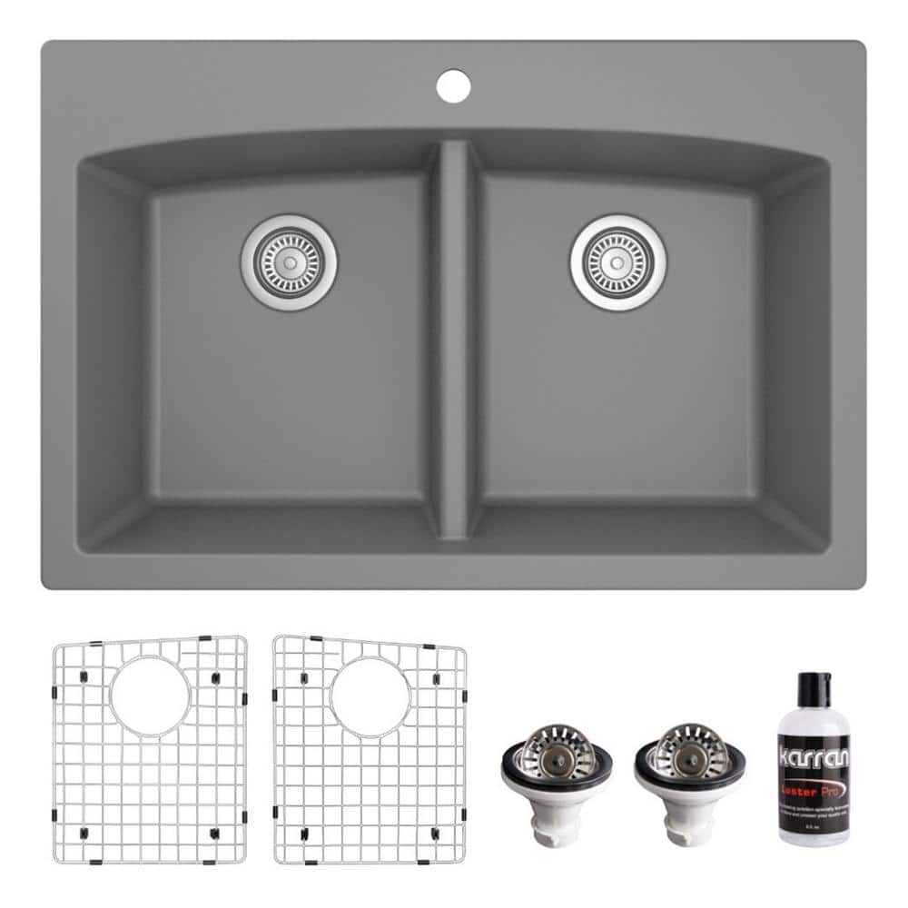 Gray Quartz 33'' Double Bowl Farmhouse Kitchen Sink Kit