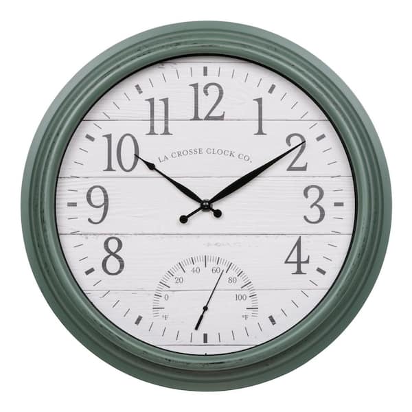 La Crosse Clock 15.75 in. Indoor/Outdoor Quartz Sagebrook Green Wall Clock with Temperature