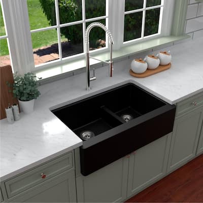 Farmhouse Apron Front Quartz Composite 34 in. Double Offset Bowl Kitchen Sink in Black