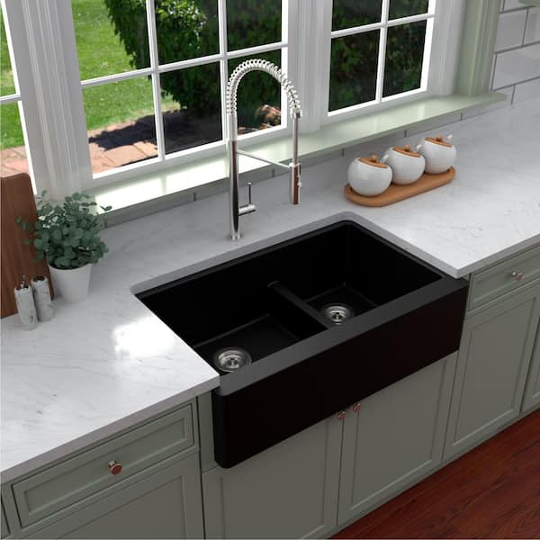 Karran Farmhouse Apron Front Quartz Composite 34 in. Double Offset Bowl Kitchen Sink in Black