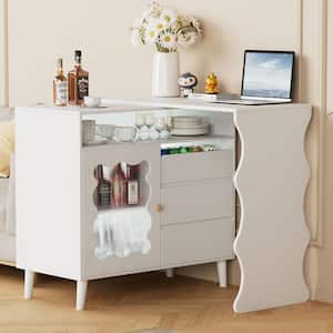 White 360° Rotating and Retractable Sofa Table Bar Cabinet with Adjustable Shelf, LED Light Strip and Drawer