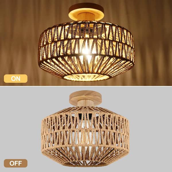 LynPon 12 in. 1-Light Bohemian Rattan Semi Flush Mount Ceiling
