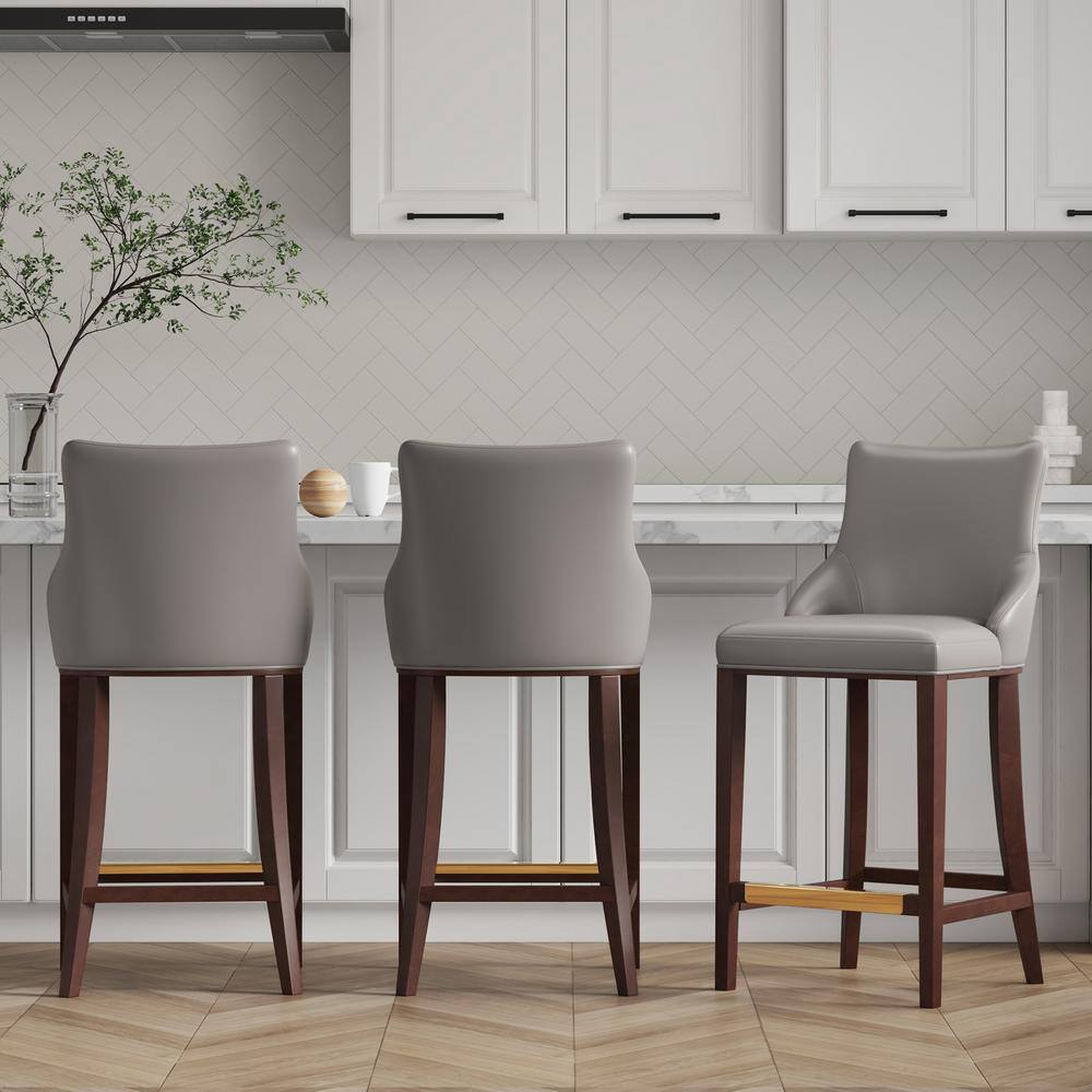Shubert Dark Taupe Leatherette Barstools with Beech Wood Legs, Set of 3
