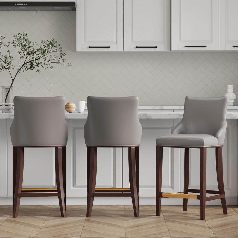 Shubert Dark Taupe Leatherette Barstools with Beech Wood Legs, Set of 3