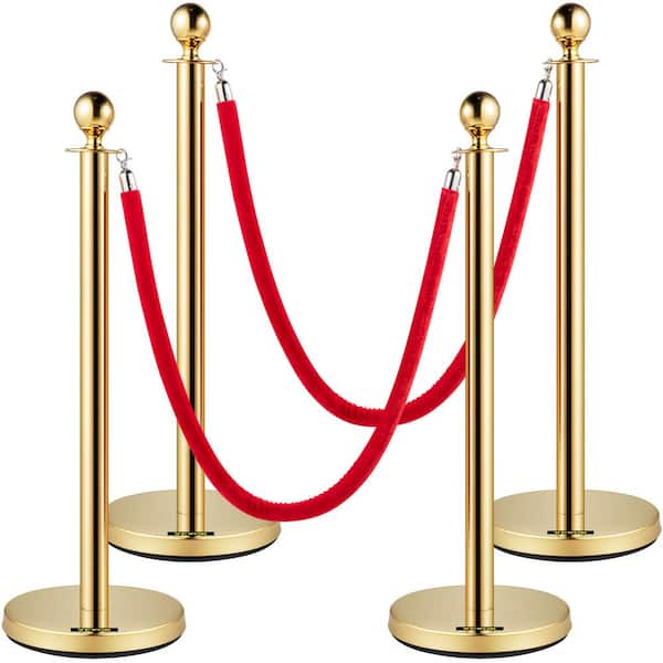 VEVOR Gold Crowd Control Stanchion 38 in. H with Ball Top and 5 ft. Red Rope Stainless Steel Crowd Control Barrier (4-Pack)