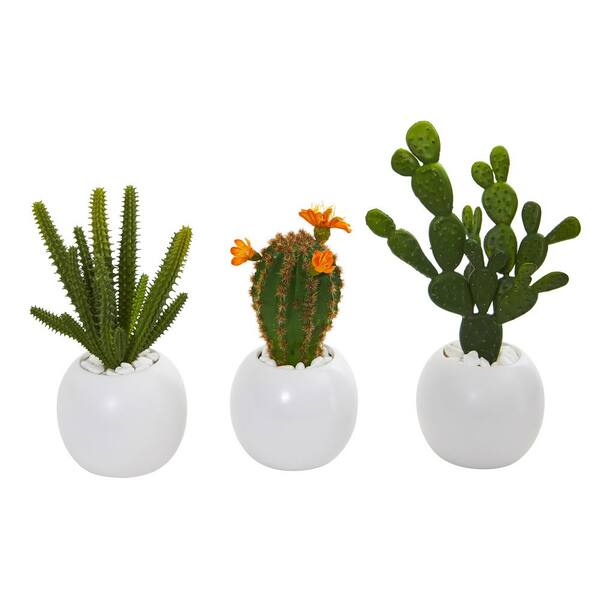 Nearly Natural 10 in. Mix Succulent Artificial Plant in White Planter (Set of 3)