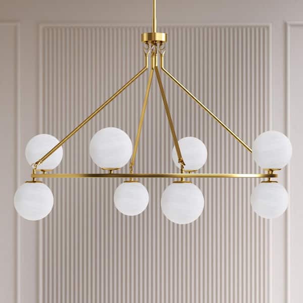 Kansas 8-Light Brass Wagon Wheel Chandelier with White Glass Shade