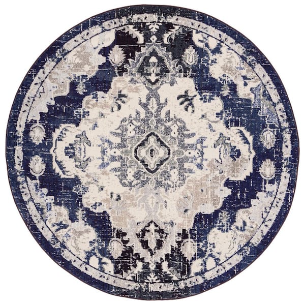 SAFAVIEH Madison Black Purple/Beige 7 ft. x 7 ft. Border Floral Oriental Round Area Rug
