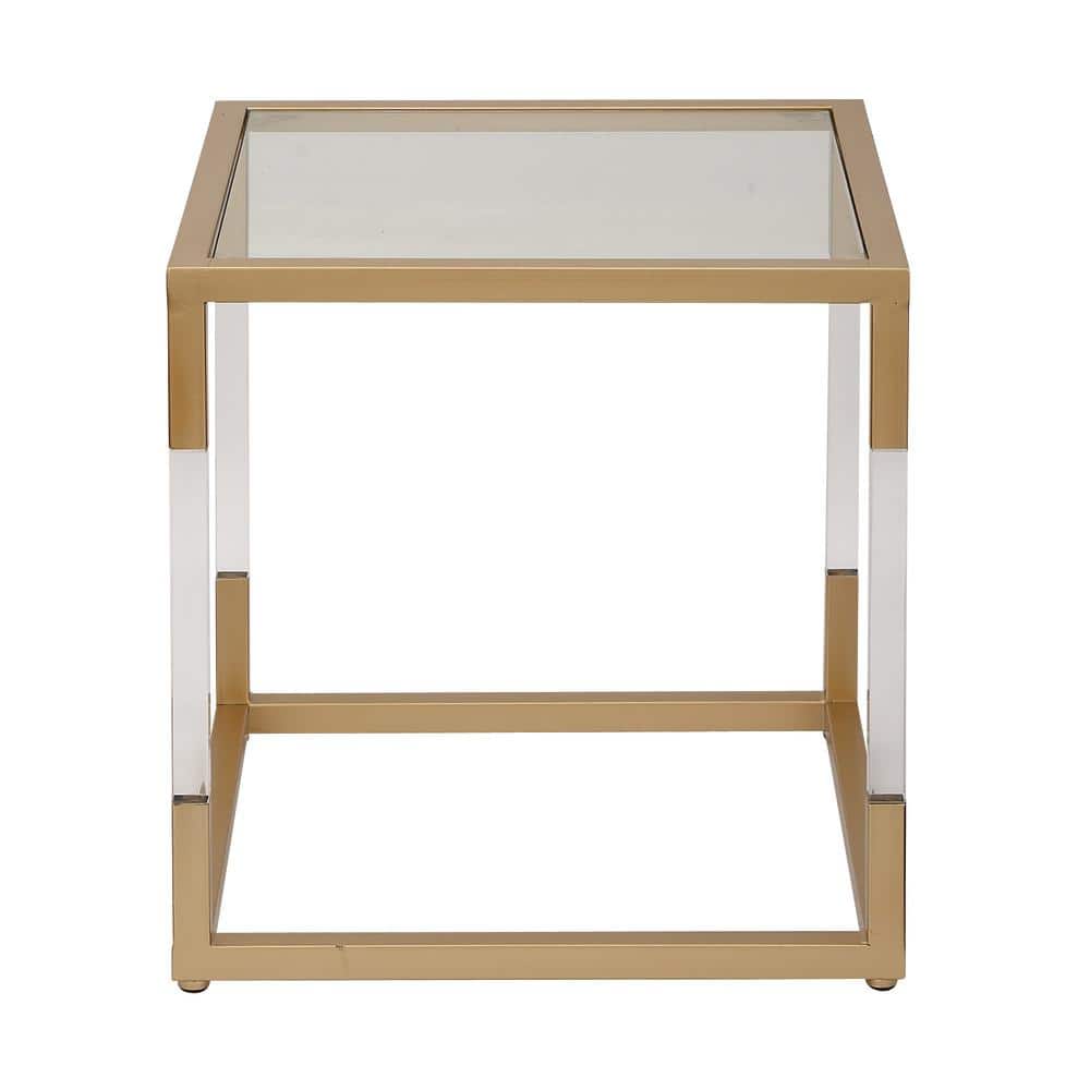 Gold Metal and Clear Glass Square End Table with Acrylic Legs