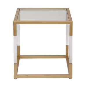 19 in. Gold Large Square Glass End Accent Table with Clear Glass Top and Acrylic Legs