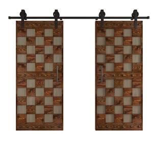 72 in. x 84 in. Chess Board Pattern Embossing Aged Barrel/Dark Walnut Knotty Wood Double Sliding Door With Hardware Kit