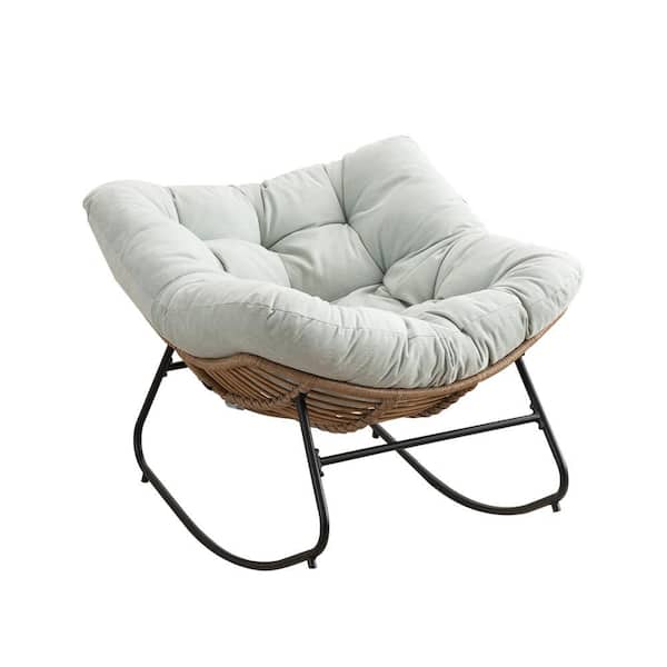 Black Metal Outdoor Rocking Chair, Modern Nursery Chair with Light Blue Cushions