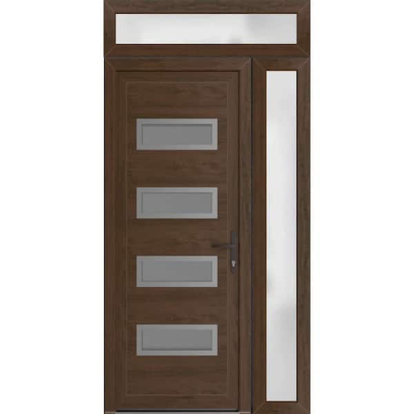 50 in. x 94 in. Left-hand/Inswing Frosted Glass Walnut Steel Prehung Front Door with Hardware