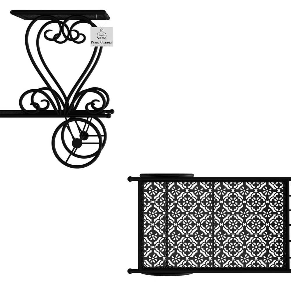 Vintage Charm 2-Tier Wrought Iron Plant Stand with Decorative Wheels, Matte Black
