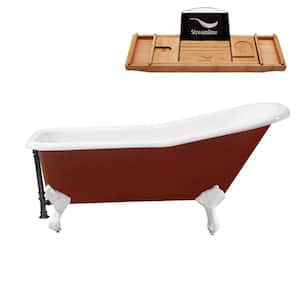 66 in. Cast Iron Clawfoot Non-Whirlpool Bathtub in Glossy Red with Matte Black Drain and Glossy White Clawfeet