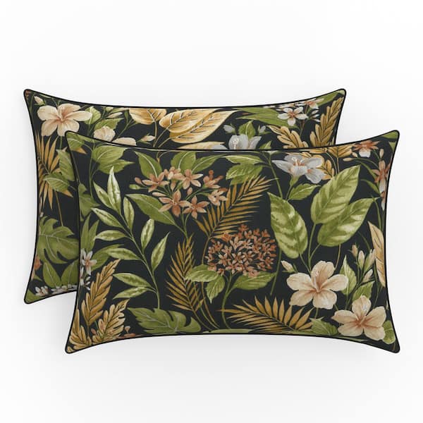 Pillow Perfect Tropic Floral 18.5 in W x 5 in H Outdoor Lumbar Throw Pillows 2-Count in Black Carena Ebony
