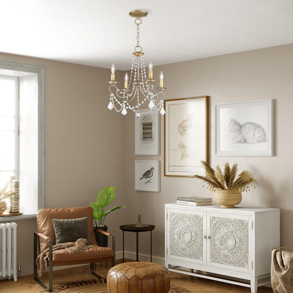 Elegant Mini 4-Light Chandelier with Crystal Accents and Antique Silver Leaf Finish